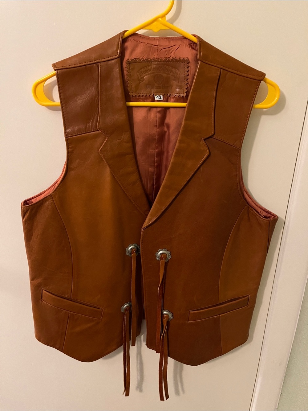 William Barry Brown Leather Vest with Tassel Ties